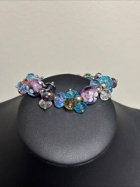 Vintage Multicolor Glass Bead Cluster Bracelet - Blue & Purple
